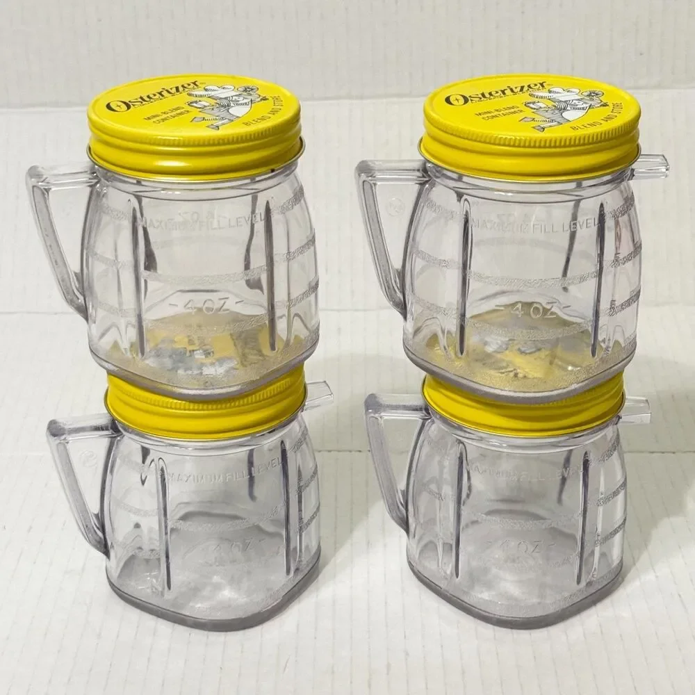 4 Vtg Osterizer Blend &  Store Mini Container / Jar 8oz Yellow Metal Lid Clean!